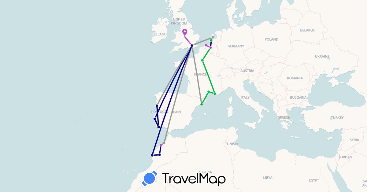 TravelMap itinerary: driving, bus, plane, train in Belgium, Spain, France, United Kingdom, Morocco, Netherlands, Portugal (Africa, Europe)